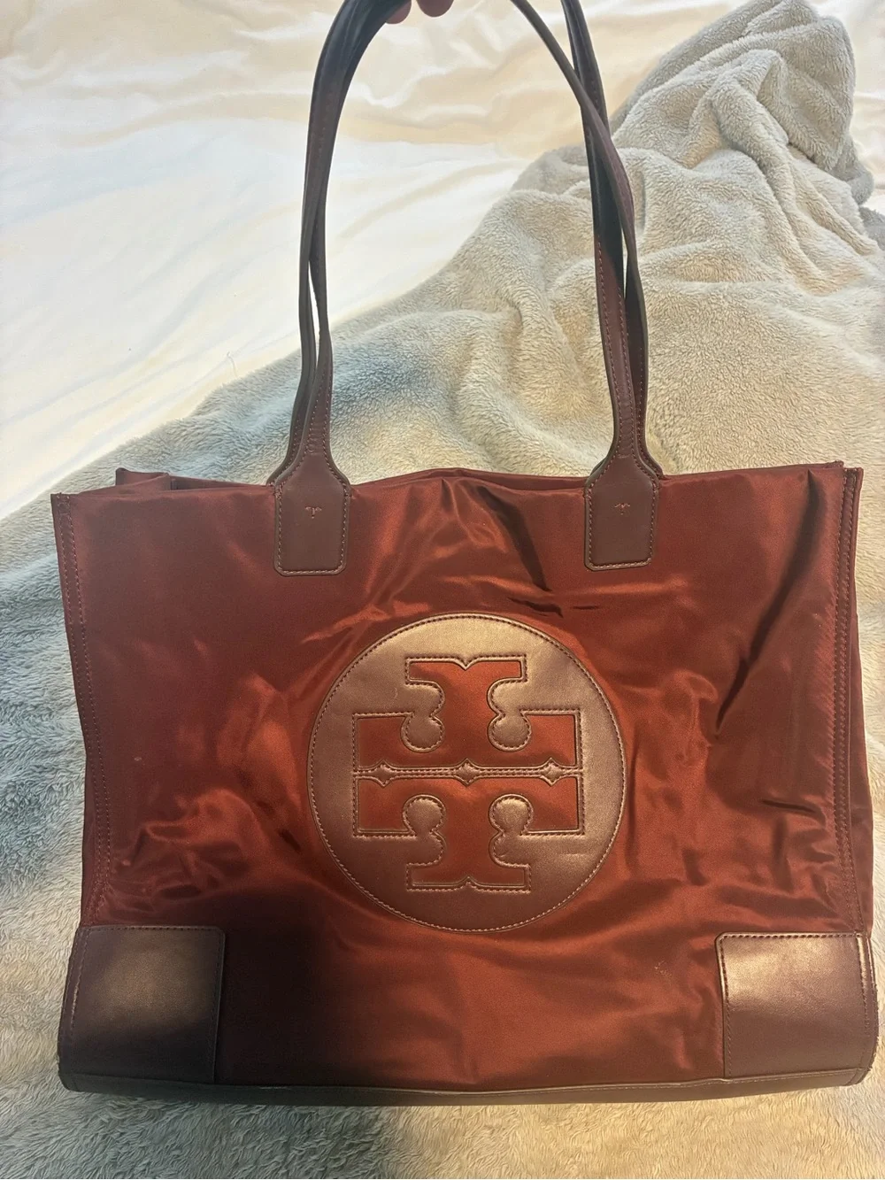 Tory Burch Burgundy Nylon and Leather Logo Tote